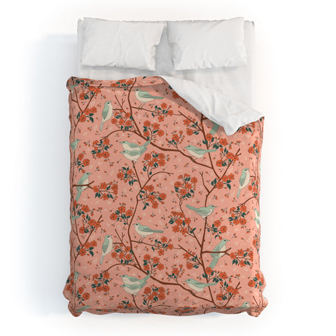 carriecantwell Birds Cherry Blossom Trees Duvet Cover