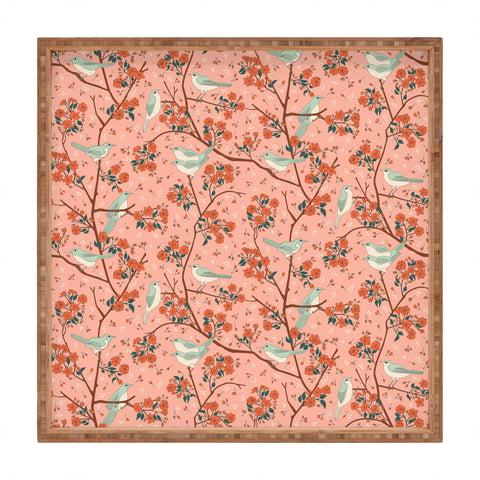 carriecantwell Birds Cherry Blossom Trees Square Tray