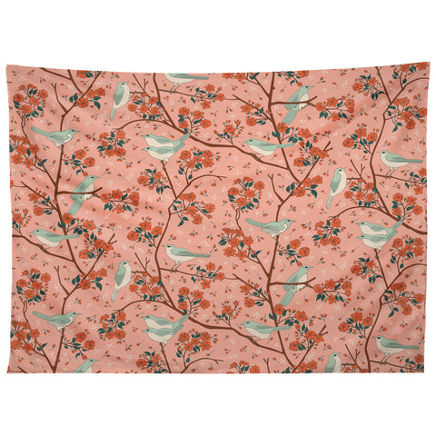 carriecantwell Birds Cherry Blossom Trees Tapestry