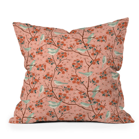 carriecantwell Birds Cherry Blossom Trees Throw Pillow