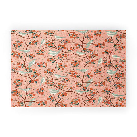 carriecantwell Birds Cherry Blossom Trees Welcome Mat