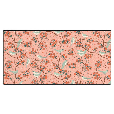 carriecantwell Birds Cherry Blossom Trees Desk Mat