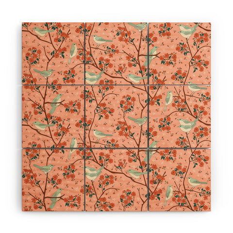carriecantwell Birds Cherry Blossom Trees Wood Wall Mural