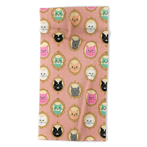 carriecantwell Cat Cameos Cute Kitty Portraits Beach Towel