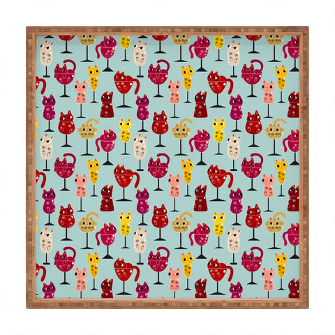 carriecantwell Feline Wine Cats in Wine Glass Square Tray