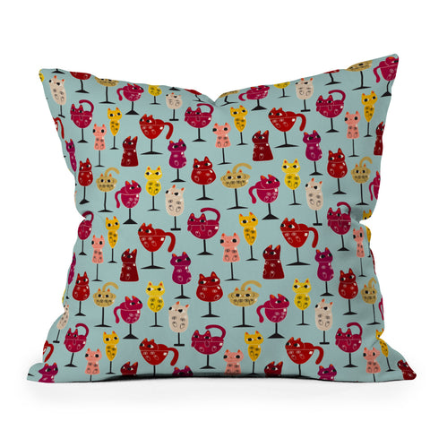 carriecantwell Feline Wine Cats in Wine Glass Throw Pillow
