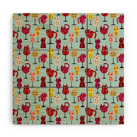 carriecantwell Feline Wine Cats in Wine Glass Wood Wall Mural