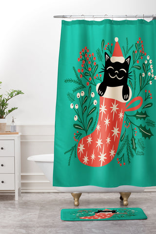 carriecantwell Festive Feline Shower Curtain And Mat