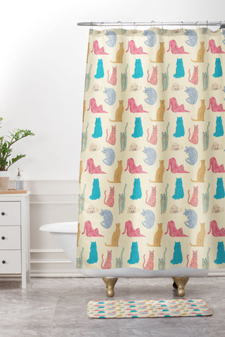 carriecantwell Pastel Cats Pattern Shower Curtain And Mat