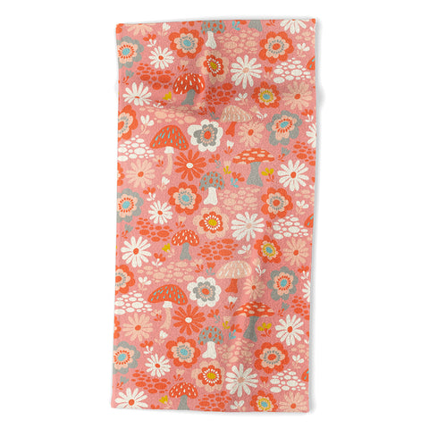 carriecantwell Wild Woodland Floral Mushroom Beach Towel
