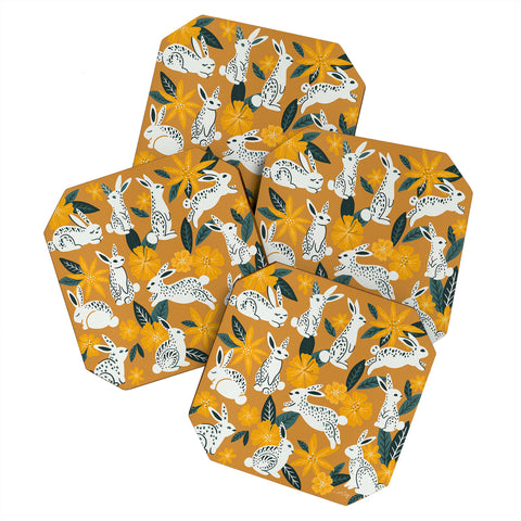 Cat Coquillette Bunnies Blooms Ochre Teal P Coaster Set