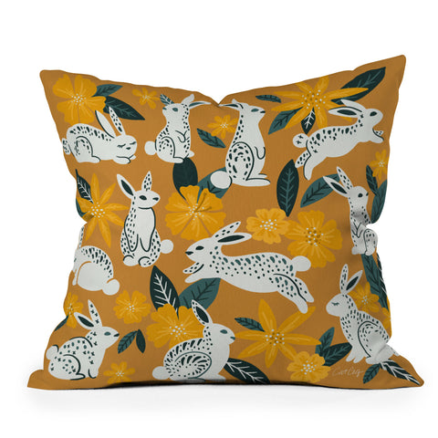 Cat Coquillette Bunnies Blooms Ochre Teal P Outdoor Throw Pillow