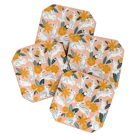Cat Coquillette Bunnies Blooms Teal Blush Coaster Set