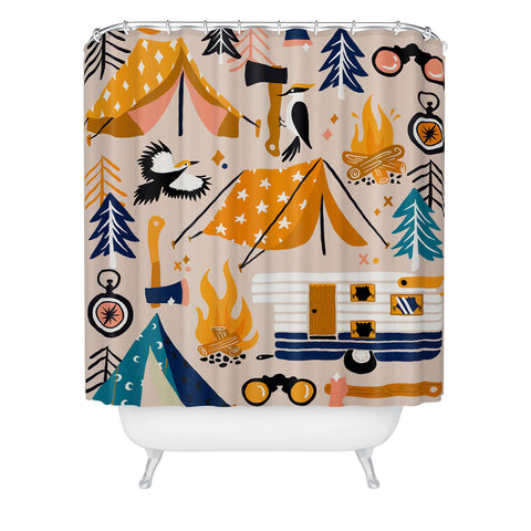 Cat Coquillette Camping Kit Orange Blue Shower Curtain
