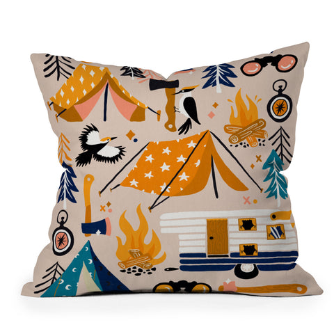 Cat Coquillette Camping Kit Orange Blue Throw Pillow