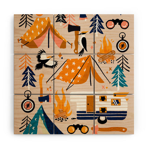 Cat Coquillette Camping Kit Orange Blue Wood Wall Mural
