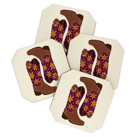 Cat Coquillette Cowgirl Boots Fuchsia Orange Coaster Set