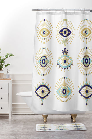 Cat Coquillette Evil Eye Collection on White Shower Curtain And Mat