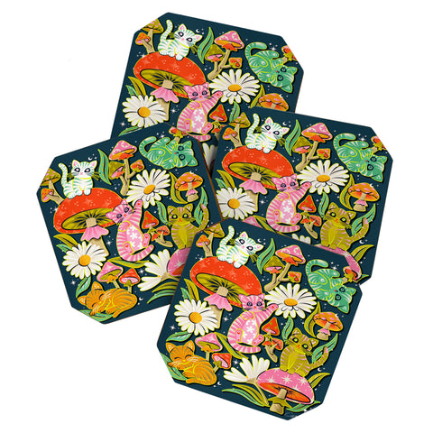 Cat Coquillette Kittens and Shrooms 2 Coaster Set