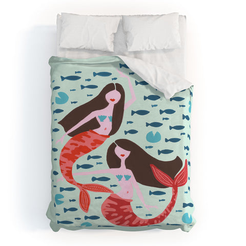 Cat Coquillette Koi Mermaids on Mint Duvet Cover