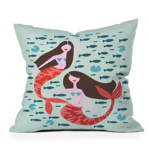 Cat Coquillette Koi Mermaids on Mint Outdoor Throw Pillow