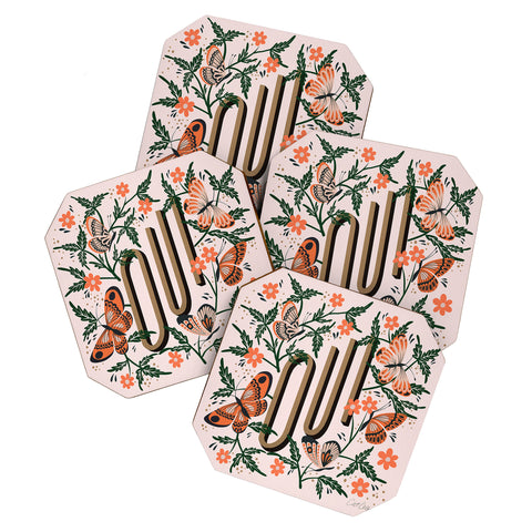 Cat Coquillette Oui Butterflies Coral Green Coaster Set