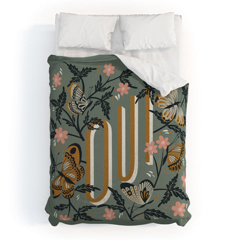 Cat Coquillette Oui Butterflies Mint Gold Duvet Cover