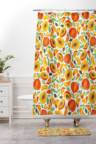 Cat Coquillette Peaches Green Leaves Shower Curtain And Mat