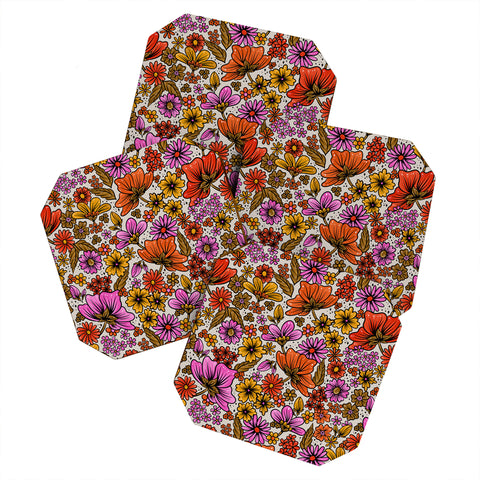 Cat Coquillette Retro Flower Power Pink Red Coaster Set
