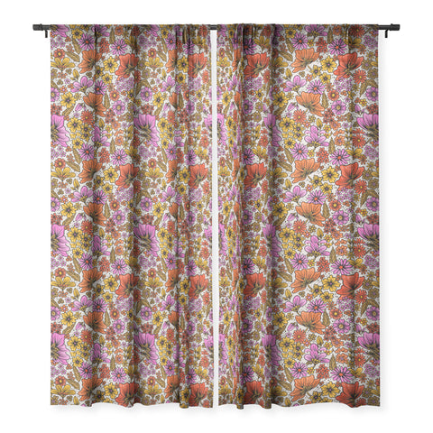 Cat Coquillette Retro Flower Power Pink Red Sheer Window Curtain