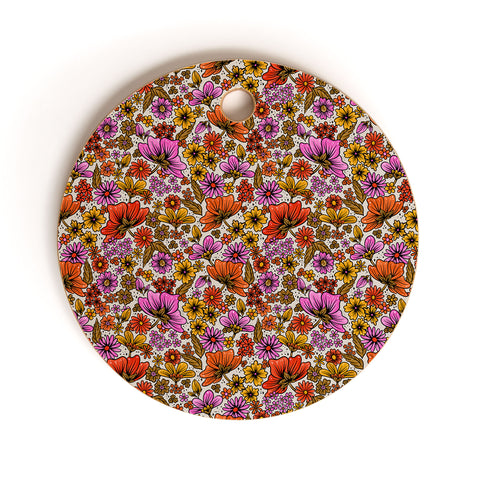 Cat Coquillette Retro Flower Power Pink Red Cutting Board Round