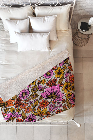 Cat Coquillette Retro Flower Power Pink Red Fleece Throw Blanket