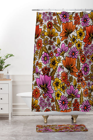 Cat Coquillette Retro Flower Power Pink Red Shower Curtain And Mat