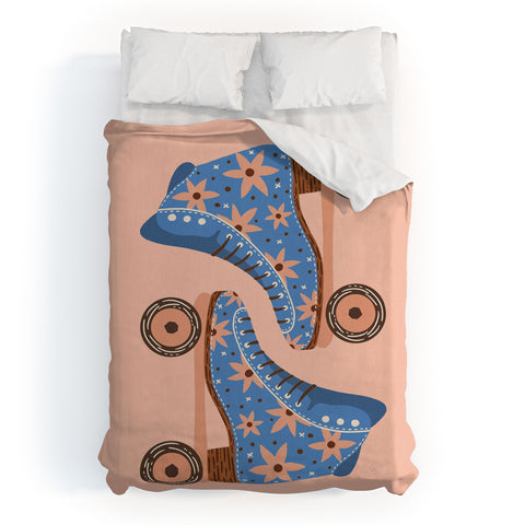 Cat Coquillette Retro Roller Skates Blue Duvet Cover