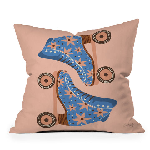 Cat Coquillette Retro Roller Skates Blue Outdoor Throw Pillow