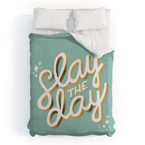 Cat Coquillette Slay the Day Mint Gold Duvet Cover