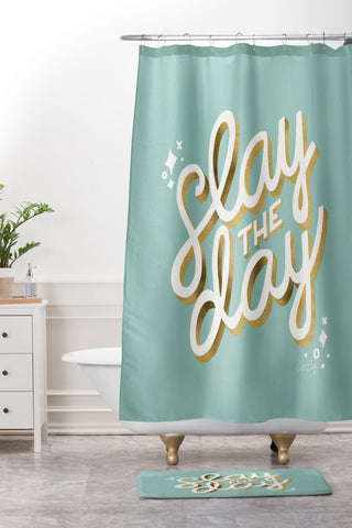 Cat Coquillette Slay the Day Mint Gold Shower Curtain And Mat