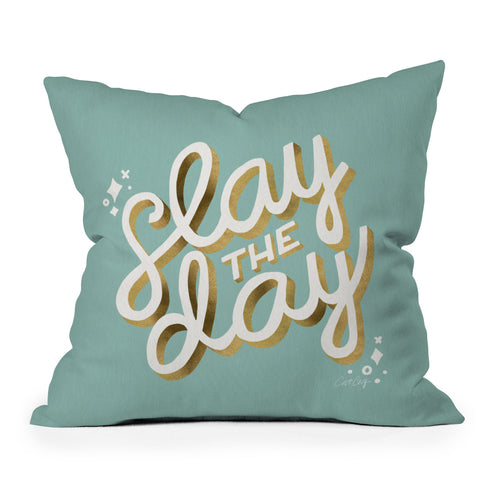 Cat Coquillette Slay the Day Mint Gold Outdoor Throw Pillow