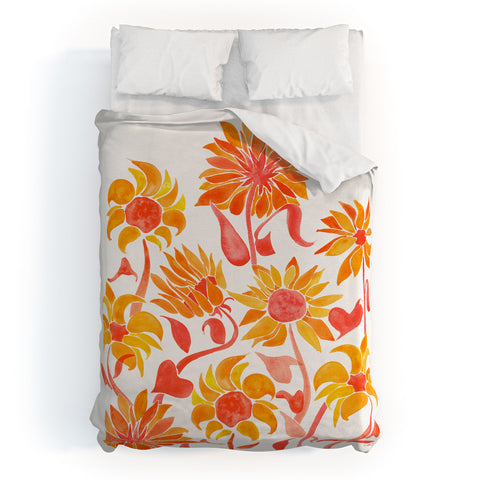 Cat Coquillette Sunflower Watercolor Fiery Palette Duvet Cover