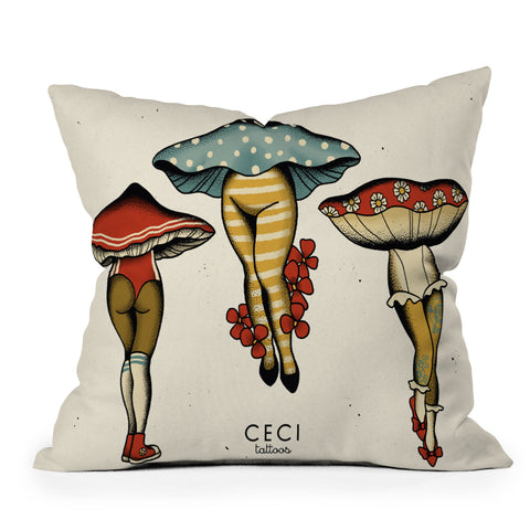 CeciTattoos Dressed up mushroom babes Outdoor Throw Pillow