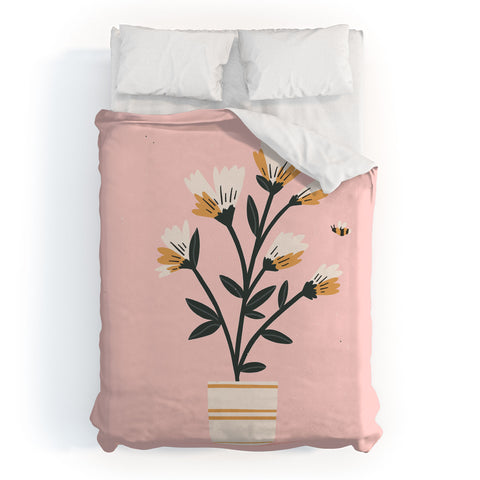 Charly Clements Bumble Bee Flowers Pink Duvet Cover