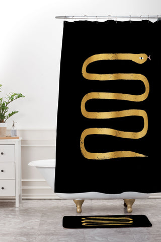 Charly Clements Minimal Snake Black and Gold Shower Curtain And Mat