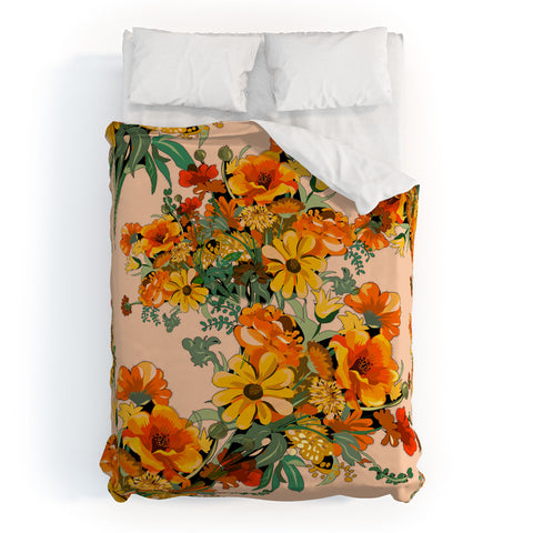 ChrissyInk 70s Pastel Floral on pink Duvet Cover