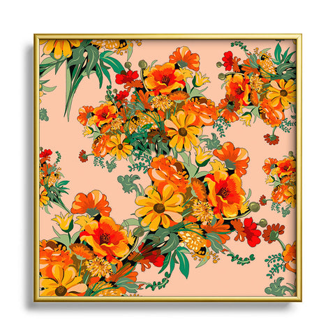 ChrissyInk 70s Pastel Floral on pink Square Metal Framed Art Print