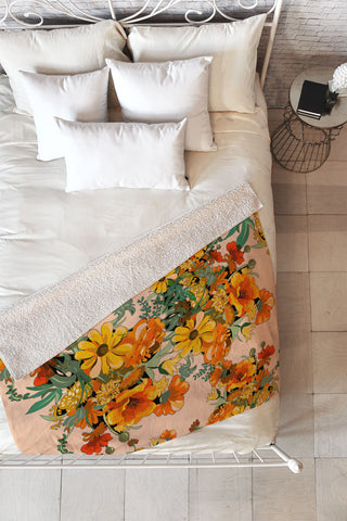 ChrissyInk 70s Pastel Floral on pink Fleece Throw Blanket