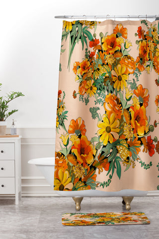 ChrissyInk 70s Pastel Floral on pink Shower Curtain And Mat