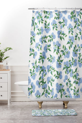 ChrissyInk Hydrangea blue flowers botanicals Shower Curtain And Mat