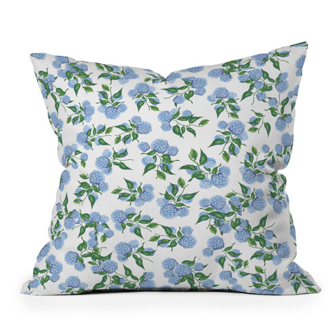 ChrissyInk Hydrangea blue flowers botanicals Outdoor Throw Pillow
