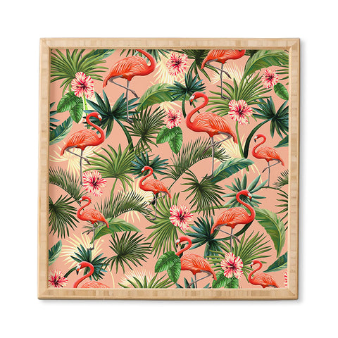 ChrissyInk Pink flamingoes tropical palm Framed Wall Art