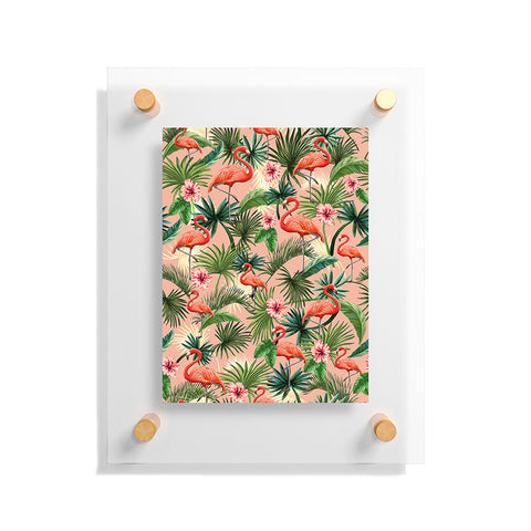 ChrissyInk Pink flamingoes tropical palm Floating Acrylic Print